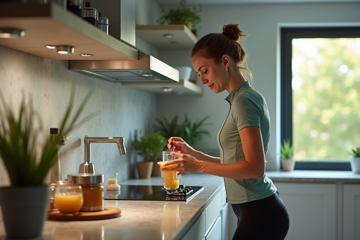 Femme préparant une boisson électrolytique à la maison