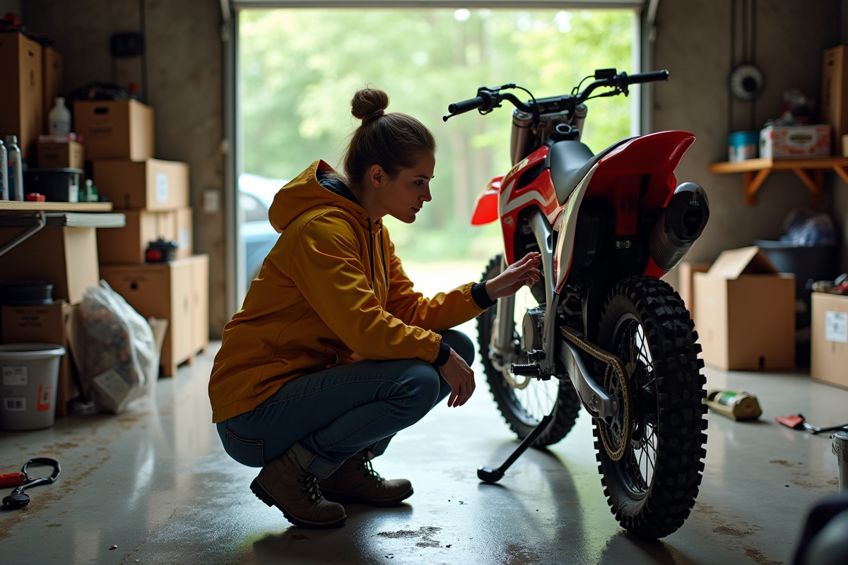 Femme vérifiant un détail sur le pneu d