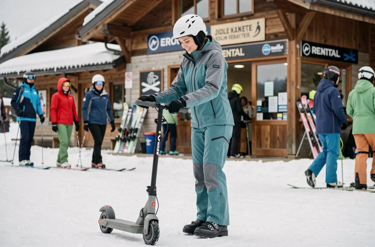 Femme inspectant une patinette ski au pied d'une station de montagne enneigée