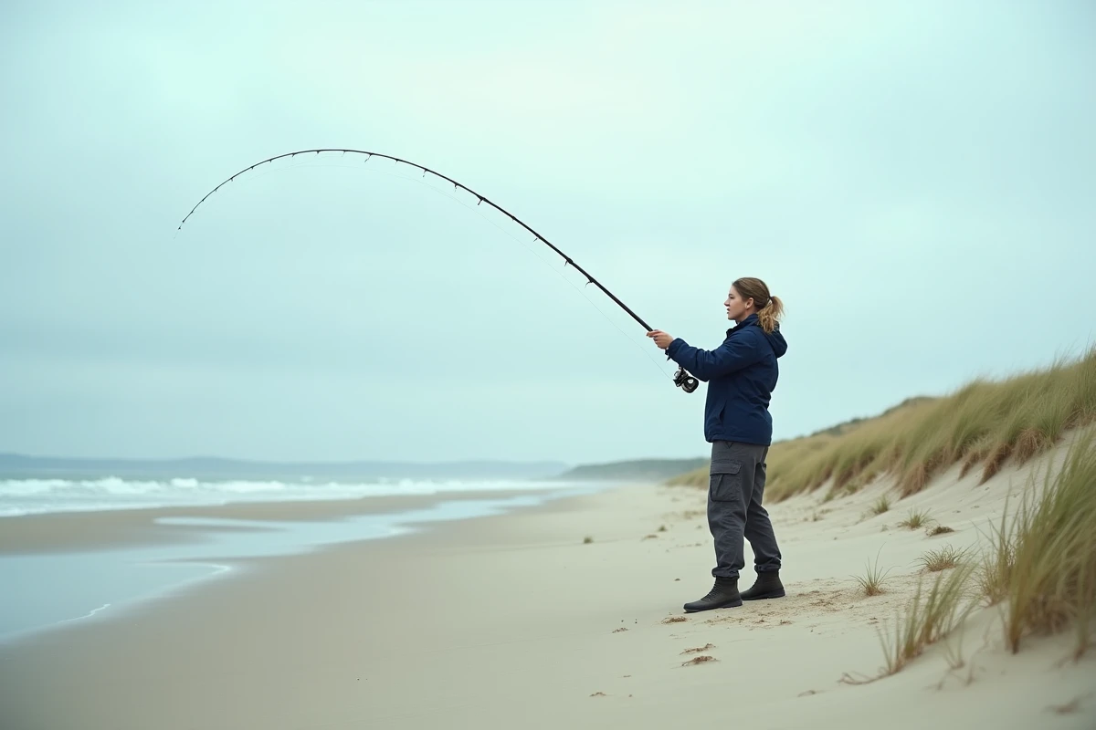 Femme pêcheuse lançant un montage surfcasting pour le bar depuis l'embouchure d'une rivière sur plage de sable