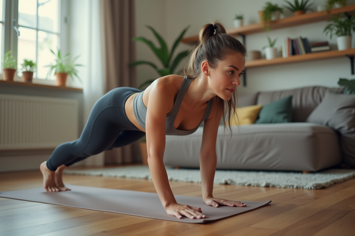 Jeune femme faisant du gainage à la maison