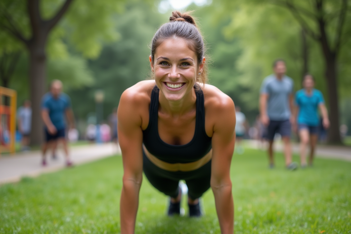Femme souriante en position de planche dans un parc urbain