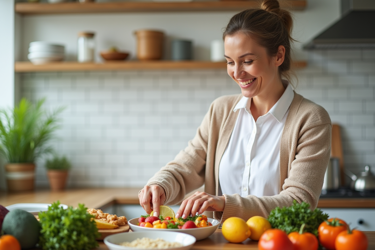 Femme préparant un bol de repas sain dans la cuisine lumineuse