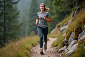 Femme en pleine course en nature avec vêtements techniques