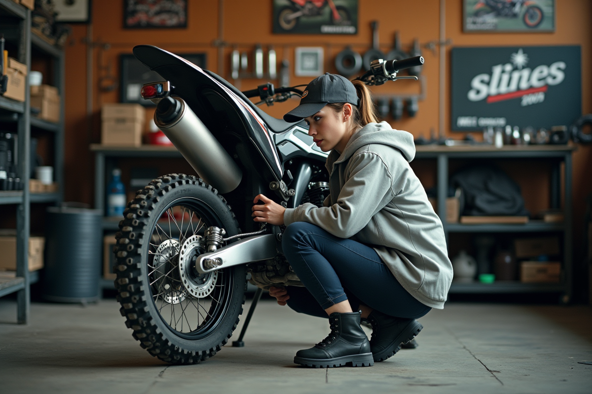 Jeune femme examine un filtre à air dans un atelier motocross