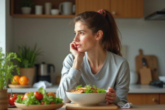 Femme réfléchissant à son repas sain dans la cuisine