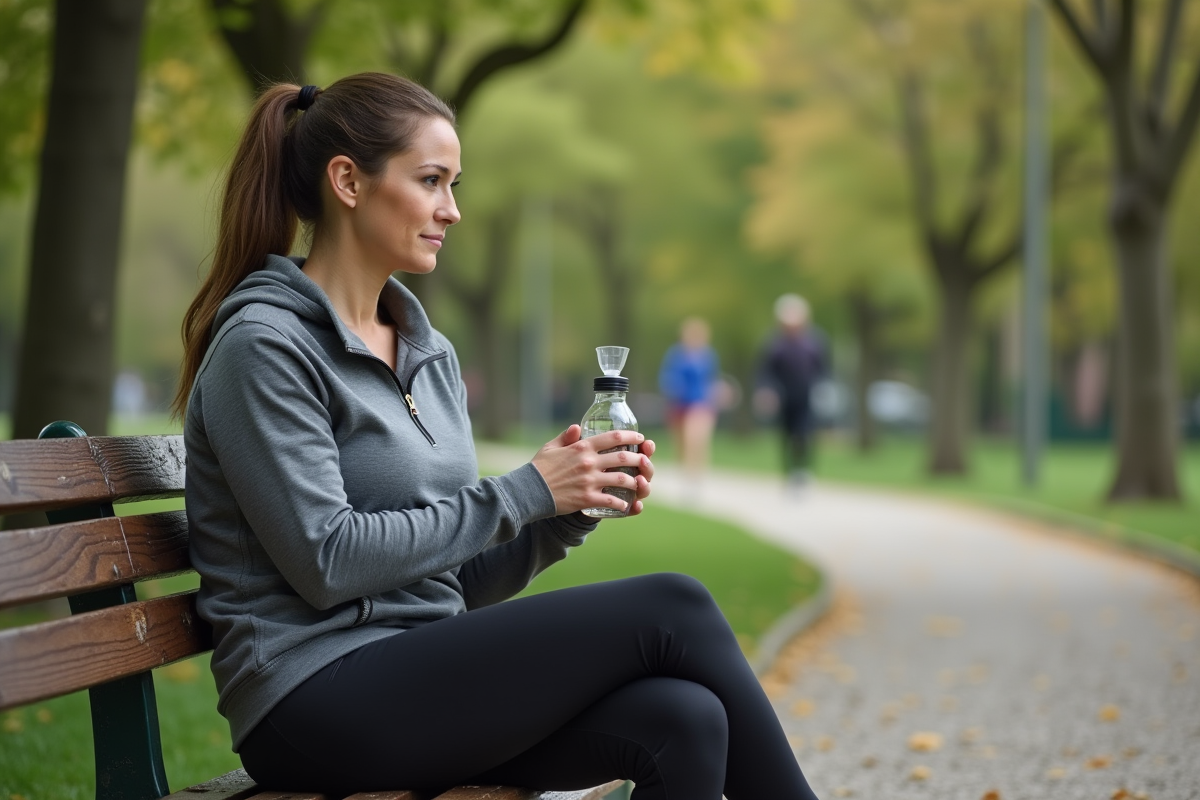 Femme assise sur un banc de parc avec une bouteille d