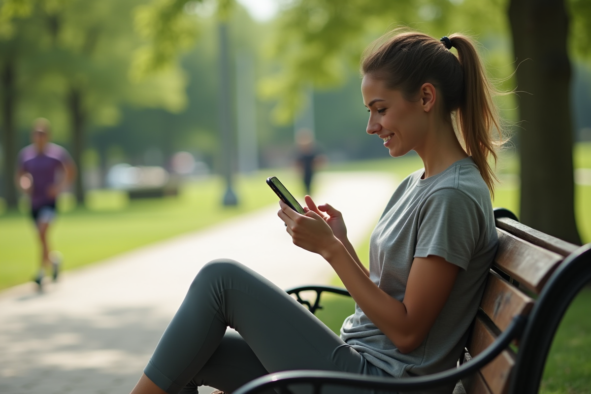 Femme sportive assise dans un parc regardant son téléphone
