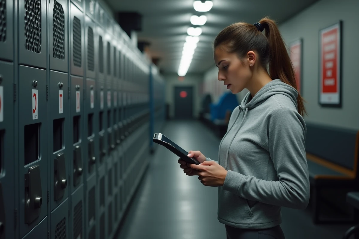 Femme consultant une liste de sportifs en D sur une tablette dans un couloir de vestiaire de gym