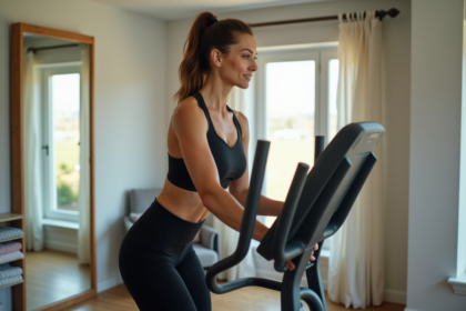 Femme sportive en entraînement sur elliptique dans une salle moderne