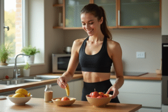 Femme souriante arrangeant un bol de fruits dans la cuisine