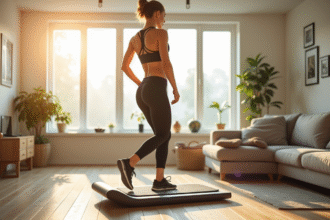 Femme sportive utilisant un tapis de marche moderne dans un salon lumineux