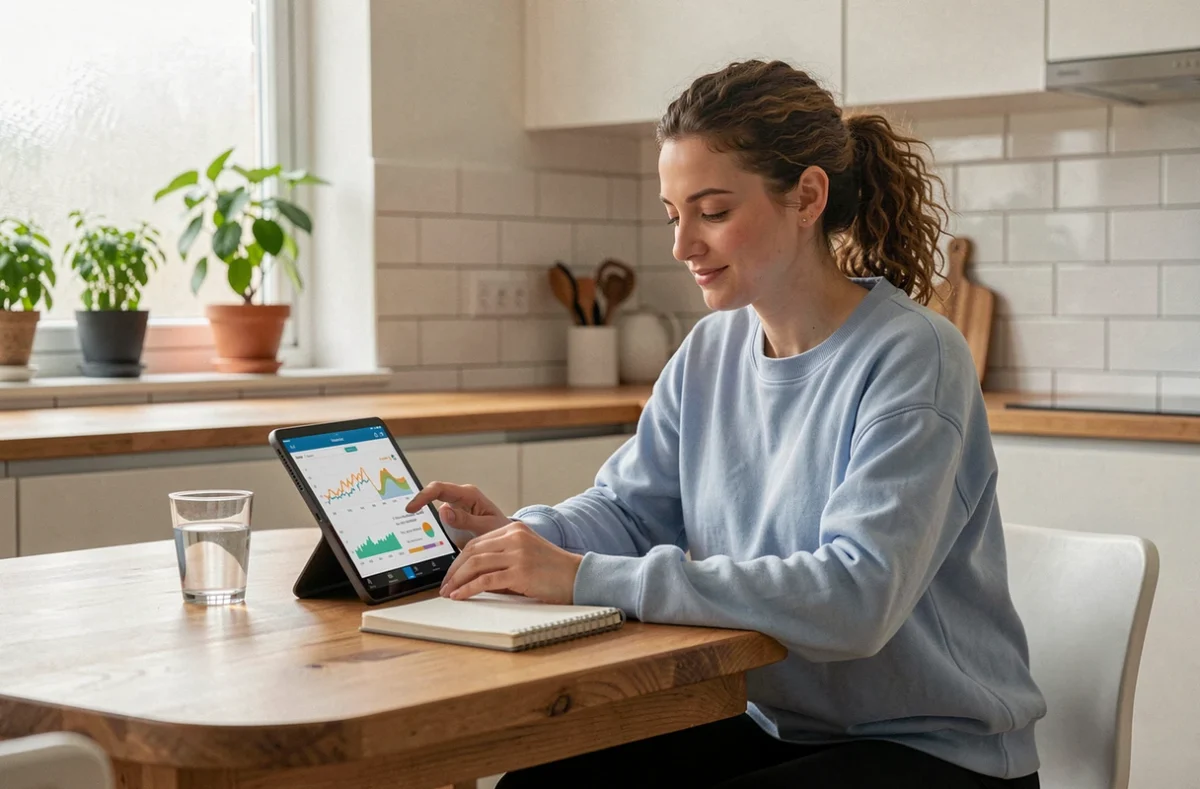 Femme analysant ses progrès de marche sur tablette pour suivre une montée progressive à 7500 pas par jour