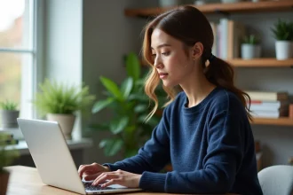 Femme curieuse consultant les tendances virales sur les réseaux sociaux depuis son bureau à domicile