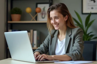 Jeune femme concentrée sur son ordinateur pour licences judo