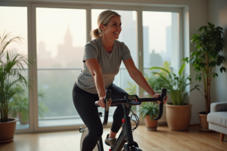 Femme à vélo d'appartement dans un salon moderne