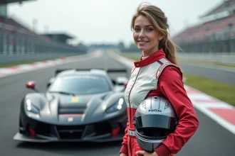 Femme en combinaison de course avec casque à côté d'une voiture de sport