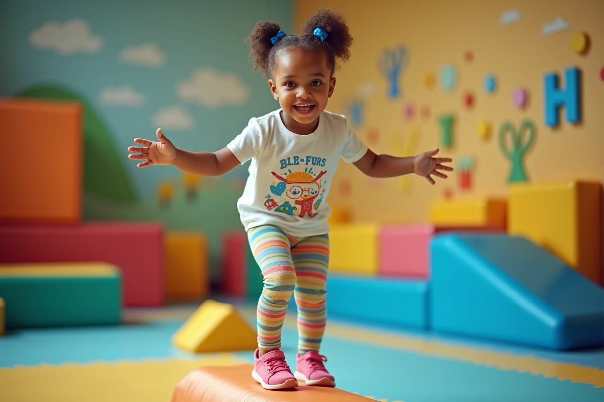 Fille de 3 ans en équilibre dans un gymnase coloré