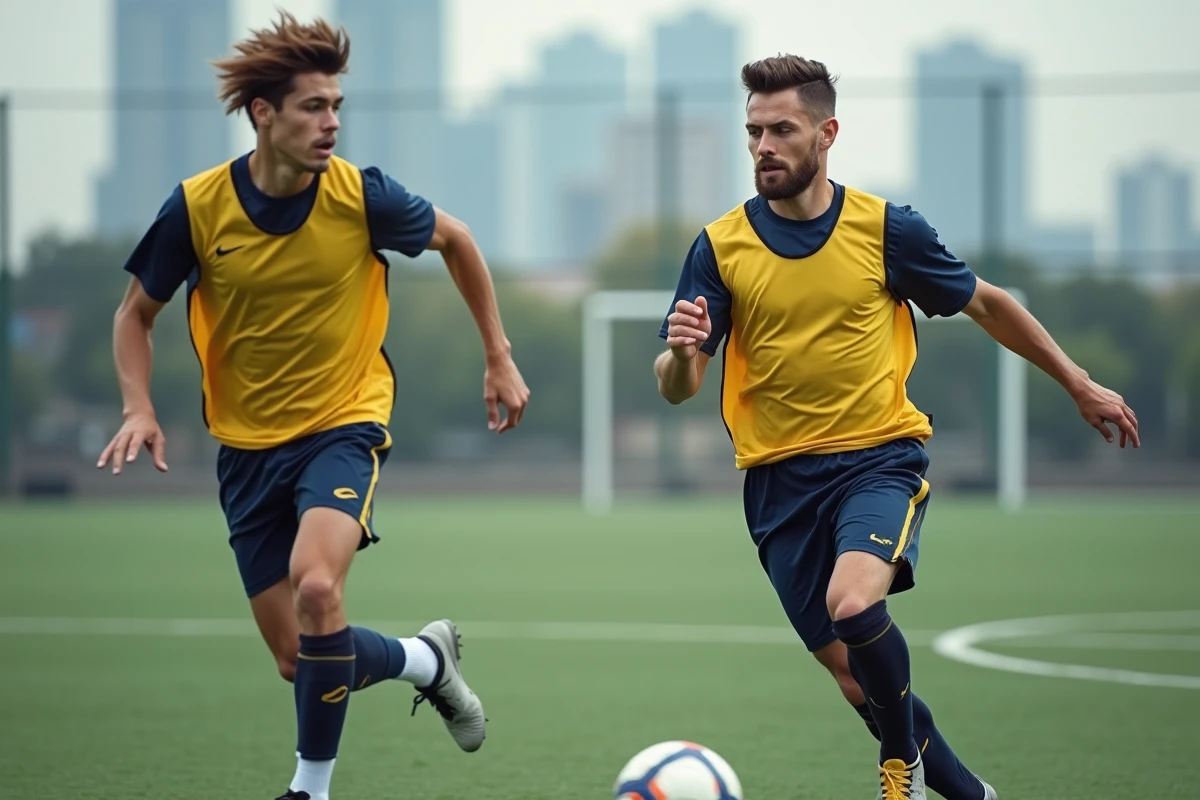 Deux footballeurs amateurs exécutant une passe en profondeur sur un terrain urbain, démontrant la vision de jeu et l'intelligence tactique