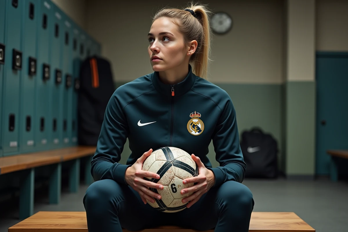 Footballeuse professionnelle en tenue d'entraînement assise dans un vestiaire moderne, tenant un ballon, regard pensif et atmosphère authentique