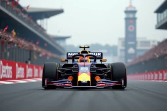 Monoplace de Formule 1 en pleine course sur un circuit asphalté, capturée en angle bas avec flou de mouvement sur les pneus arrière et tribunes remplies de spectateurs en arrière-plan
