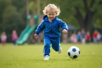 Garçon de 3 ans courant dans un parc en riant