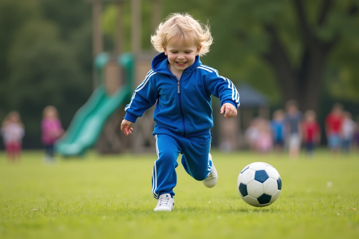 Garçon de 3 ans courant dans un parc en riant