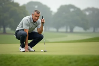 Golfeur adulte qui analyse la pente d'un putting green accroupi derrière sa balle, parcours de golf en arrière-plan flou