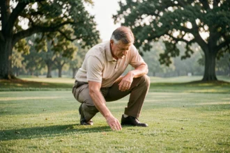 Golfeur analysant le terrain sur le fairway pour affiner sa stratégie de parcours sans modifier son swing