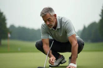 Golfeur adulte en position de putting sur un green extérieur, démontrant la prise en main correcte du putter avec un grip inversé classique