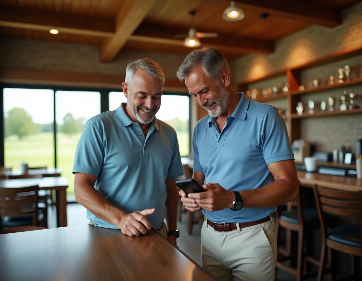 Deux golfeurs discutant de tendances de blogs golf sur smartphone dans un clubhouse moderne