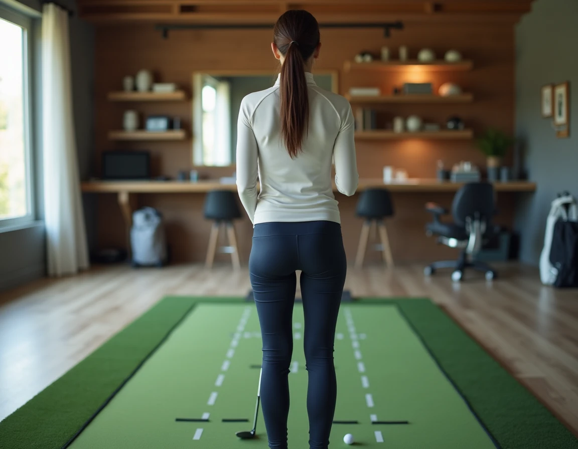 Golfeuse de dos en studio d'entraînement, alignement des épaules et positionnement des pieds visibles pour le putting