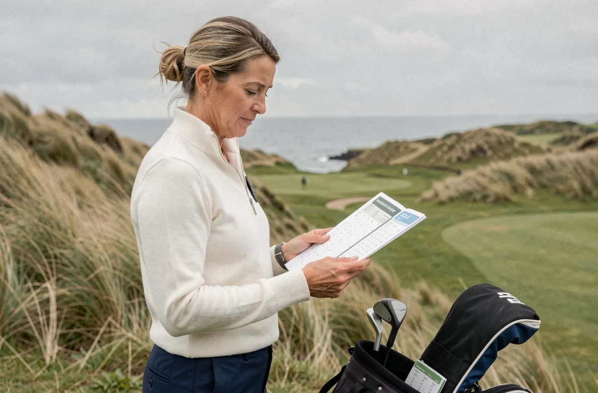 Golfeuse consultant son carnet de stratégie sur un tee de départ face au parcours de golf en bord de mer