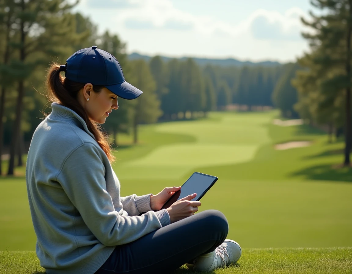 Golfeuse lisant un blog de golf sur tablette assise sur le bord d'un fairway verdoyant