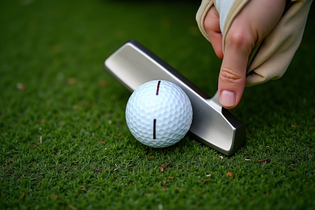 Gros plan en plongée sur une tête de putter et une balle de golf sur un green, détail de la texture du gazon et alignement de la balle
