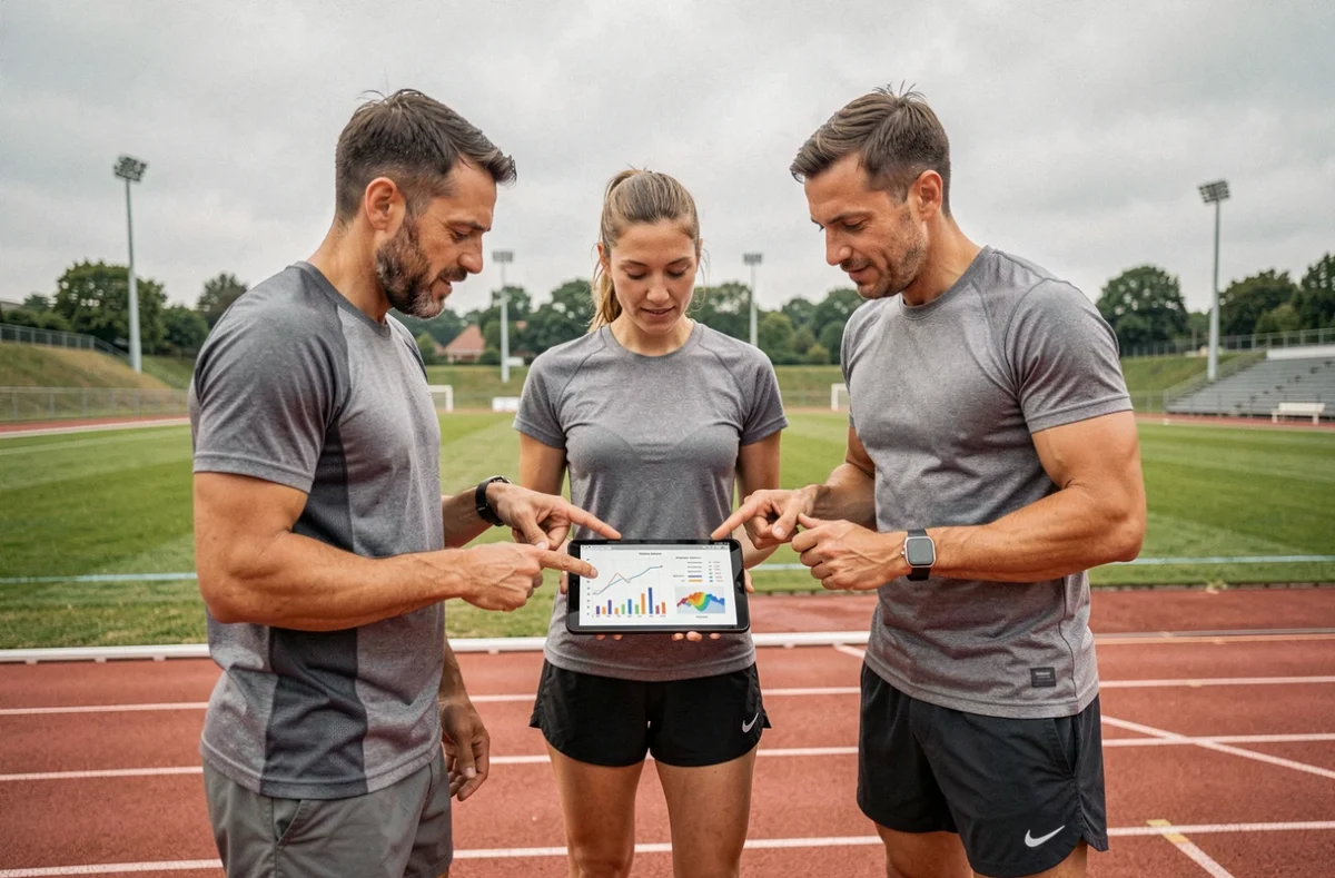 Groupe de coureurs analysant ensemble les données de vitesse moyenne marathon sur une tablette après l'entraînement