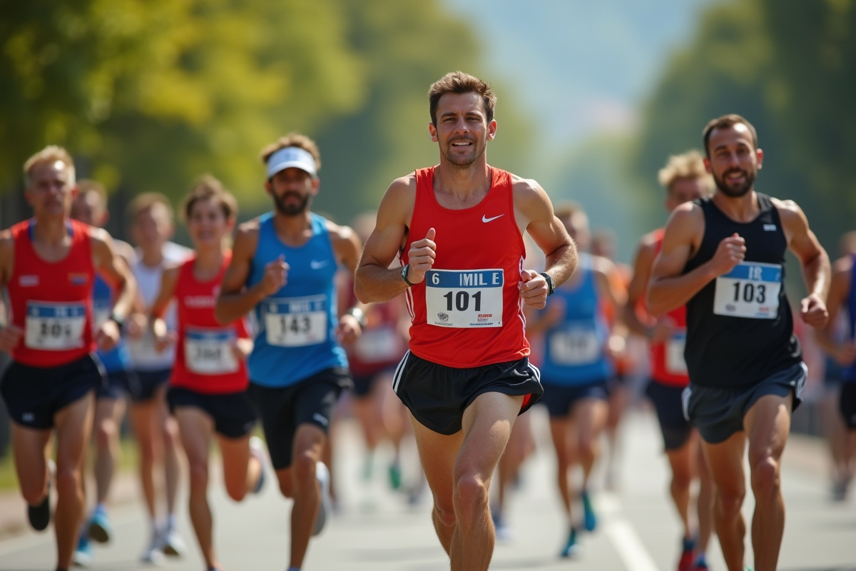 Groupe de coureurs passant un panneau de 6 miles lors d'une course en plein air