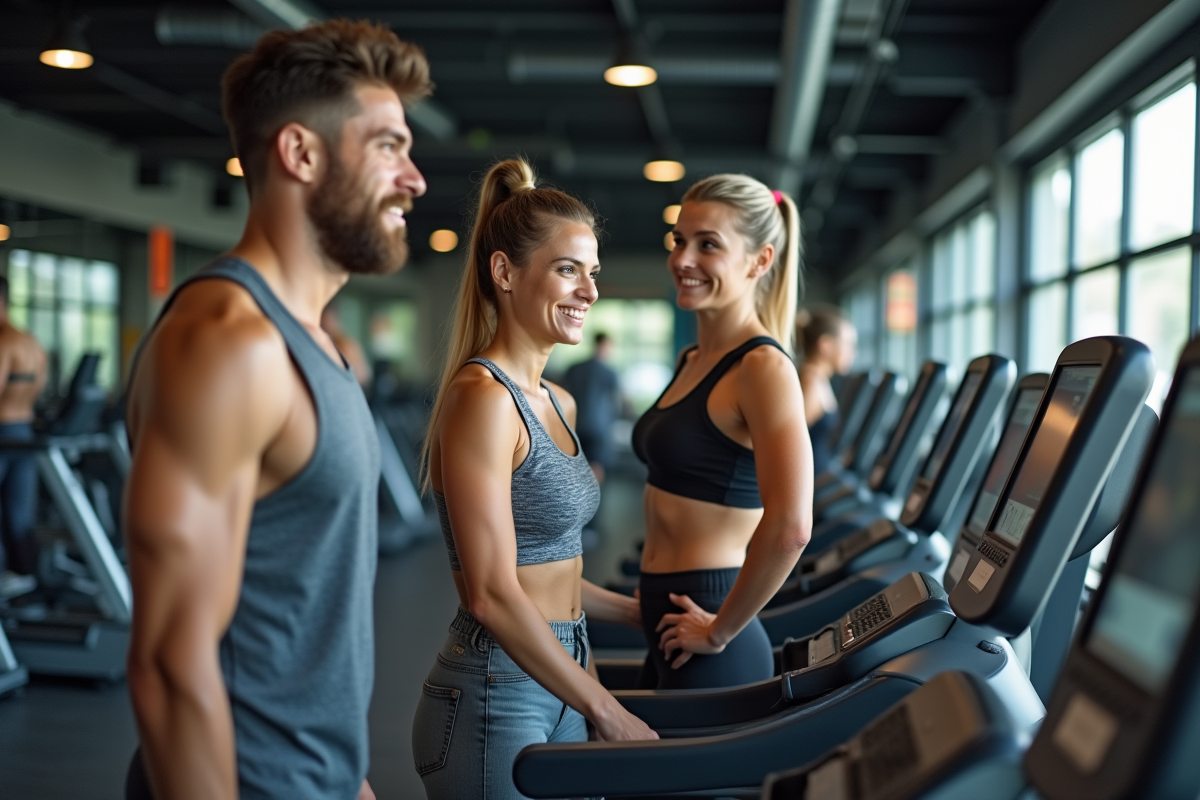 Groupe de trois personnes discutant dans la salle de sport