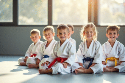 Groupe d'enfants en jiujitsu dans un dojo lumineux