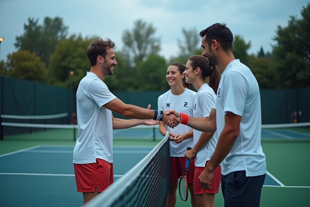 Groupe de joueurs de padel se serrant la main après un match de tournoi P250 en fin de journée