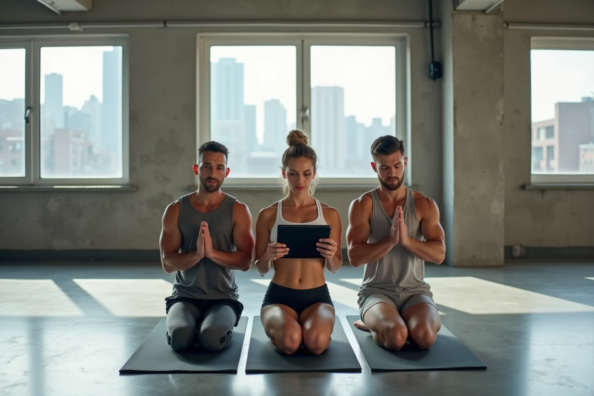 Groupe de trois personnes suivant une séance de Pilates en studio urbain