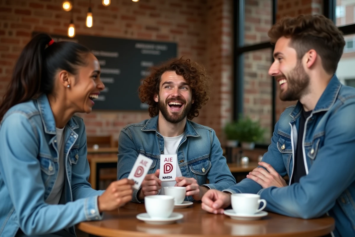 Groupe d'amis jouant à un quiz sur les sportifs dont le nom commence par D autour d'une table de café