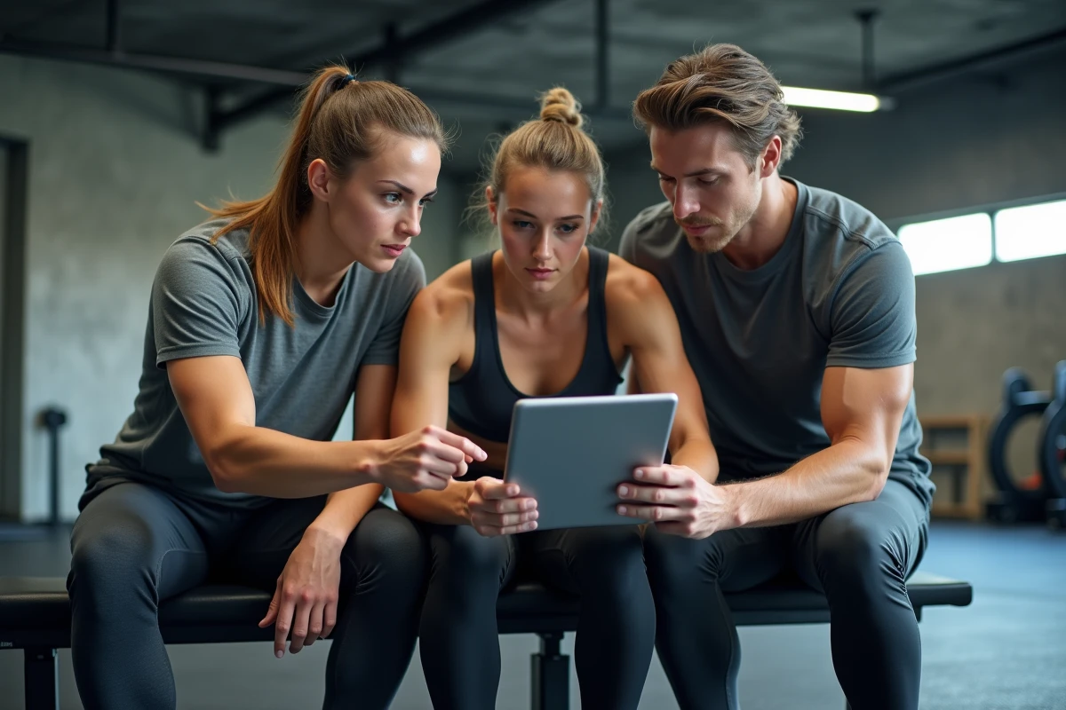 Groupe de sportifs réunis autour d'une tablette pour planifier leurs habitudes sportives ensemble dans une salle de sport moderne
