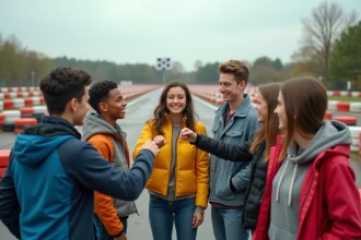 Groupe d'adolescents et jeunes adultes souriants avant une course de karting