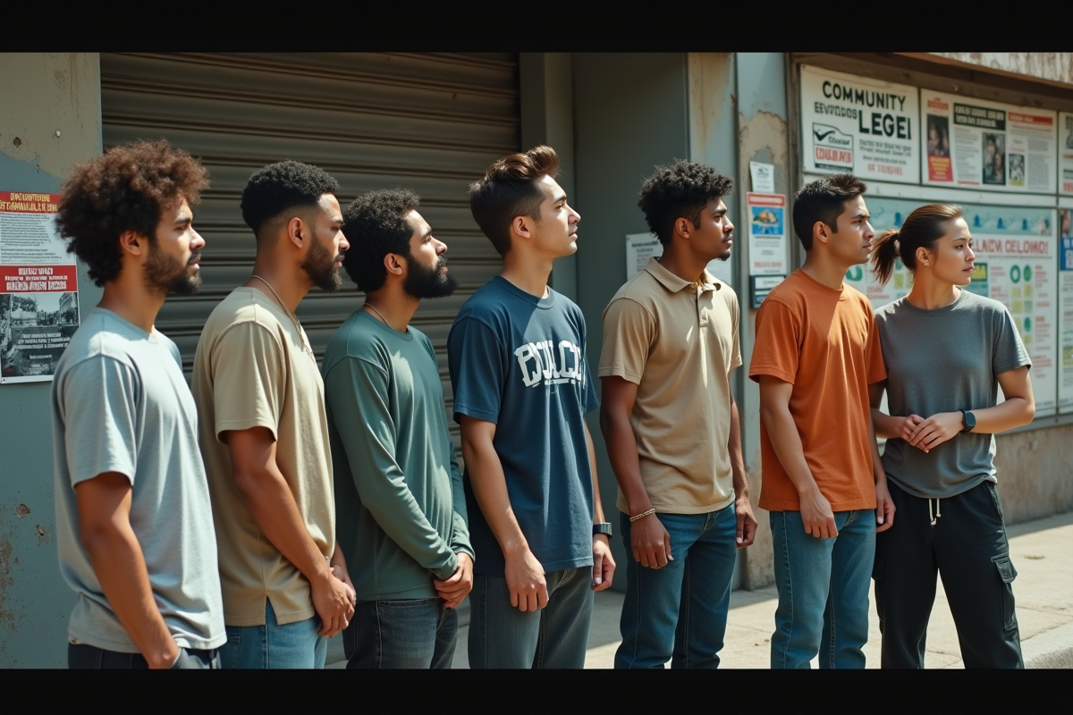Groupe divers de personnes en streetwear devant un centre communautaire