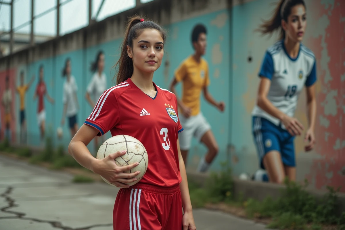 Jeune femme en maillot de soccer vintage tenant un ballon devant une fresque murale urbaine rendant hommage aux pionnières du soccer féminin comme Mia Hamm