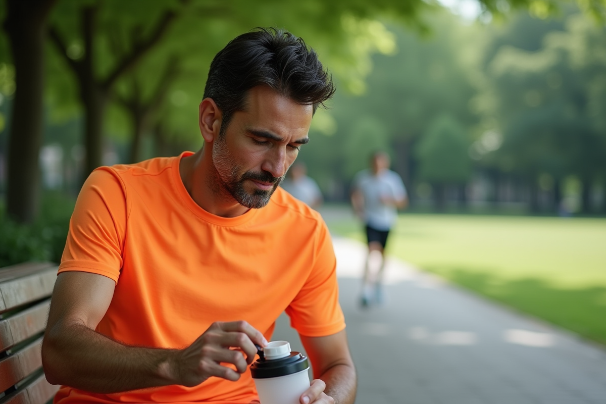 Homme buvant une boisson dans un parc après sport