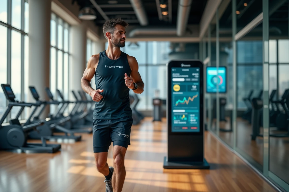 Homme courant dans une salle avec un kiosque de fitness interactif