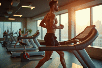 Homme musclé courant sur un tapis moderne dans une salle lumineuse