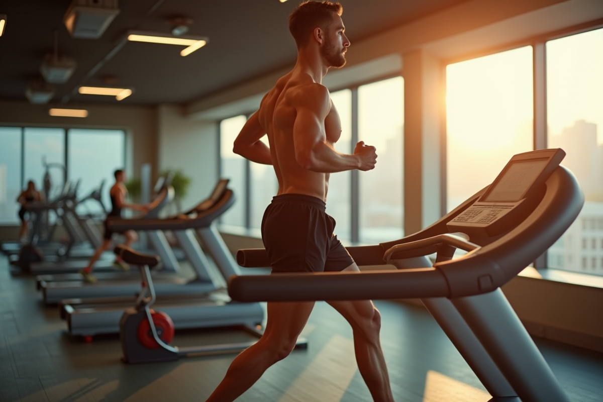 Homme musclé courant sur un tapis moderne dans une salle lumineuse